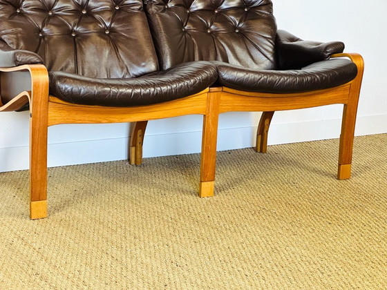 Image 1 of Scandinavian teak and leather bench, 1960