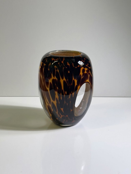 Vintage Tortoise Glass Vase Leo Schildtpatt Murano Brown Spots 1980s