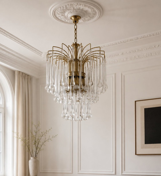 Lampadario vintage Murano a cascata – 56 gocce di vetro – Ottone – Design italiano anni '70 – Brass (photo 4 of 5)