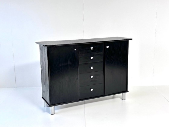 Vintage Sideboard in Black, 5 Drawers, Crystal Knobs & Chrome Feet, 1990s, Wood, Metal, Modern (photo 8 of 15)