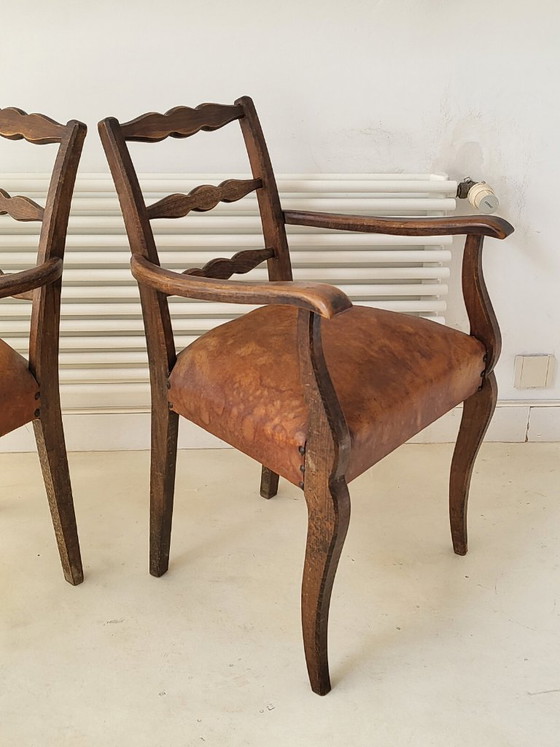 Image 1 of SUPERB PAIR OF VINTAGE ARMCHAIRS FROM THE 1940s AND 1950s IN LEATHER & OAK