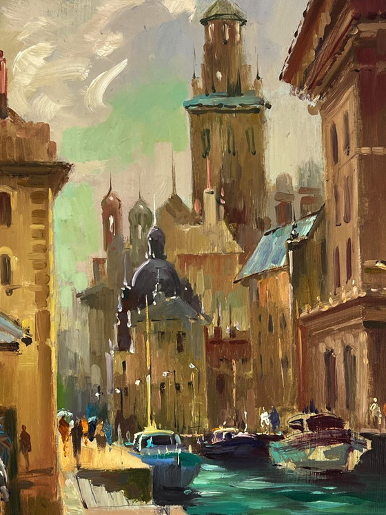 Image 1 of Original Oil Painting City River Landscape Venetian reflection