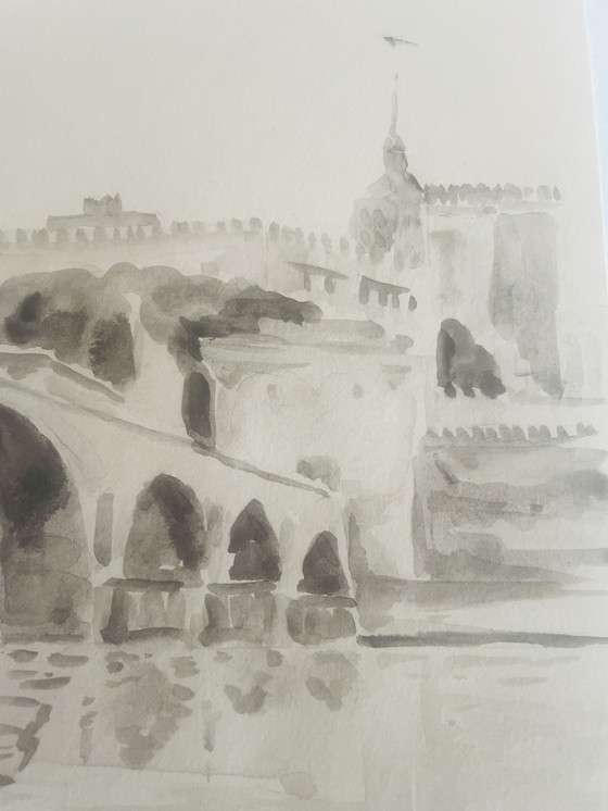 Image 1 of Signiertes Aquarell monochrom sepia Pont d'Avignon