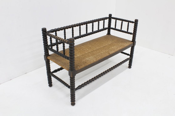 Image 1 of Banc à bobines vintage avec assise en jonc, années 1920