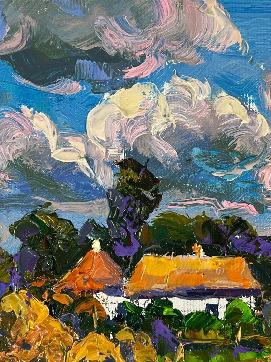 Image 1 of Peinture à l'huile originale Paysage rural Maison Rues de village d'été