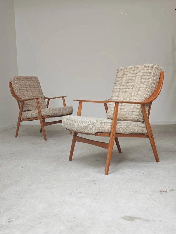 Paar Boomerang-Stil Sessel aus ecru-beigem Stoff, 1960er Jahre. – Wood, Scandinavian (photo 2 of 20)