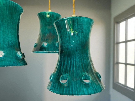 Image 1 of Lampadario a sospensione a cascata a 3 luci in ghisa verde, 1960