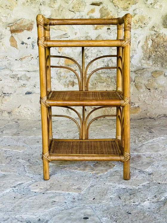 Image 1 of Vintage bamboe en rotan 3-laags plank, jaren 70