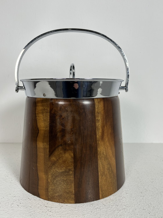 Image 1 of Seau à glace vintage, années 50-60, en bois et chrome.
