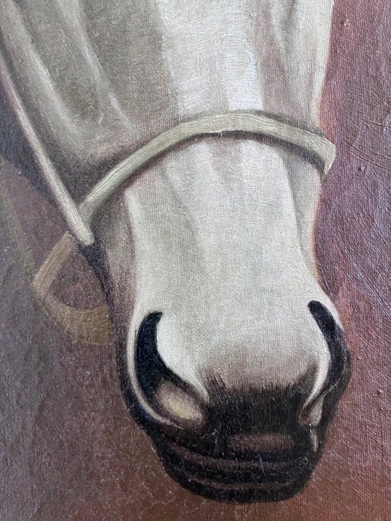 Origineel vintage olieverfschilderij van een wit paard, gesigneerd ruiterportret – Schilderijen & Tekeningen (photo 10 of 19)