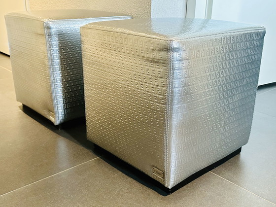 Image 1 of 2x Fendi Casa ottoman hocker kruk silver printed FF- leder