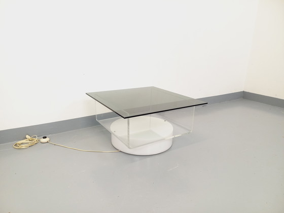Image 1 of Square illuminated vintage Italian coffee table in glass and Plexiglas in the Space Age style of the '70s