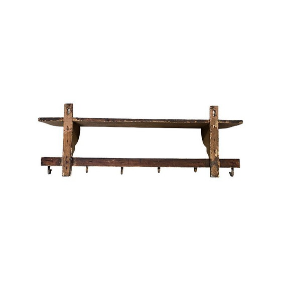 Image 1 of Oude Brocante Houten Wandplank Met Haken, Van Rond 1900