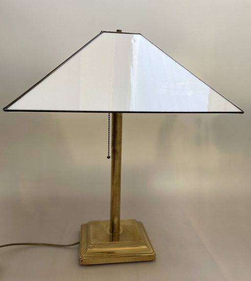 Vintage Art-deco Frank Lloyd Wright style opal stained glass lamp - glas-in-lood met messing