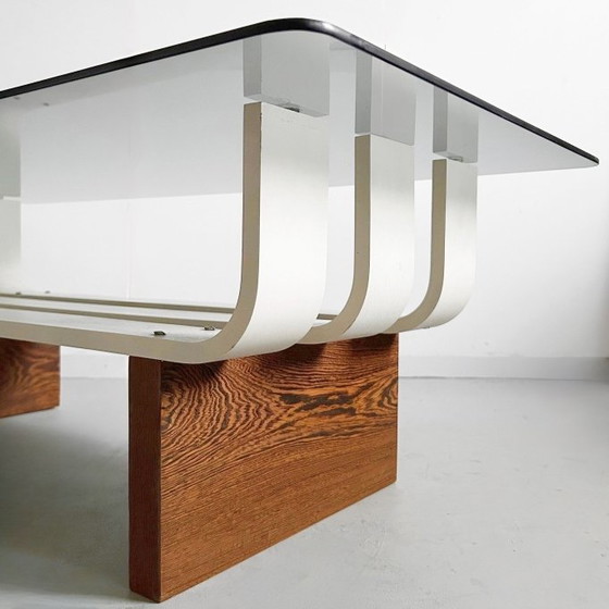 Image 1 of Table basse vintage style Space Age, années 1970, en teck et verre fumé.