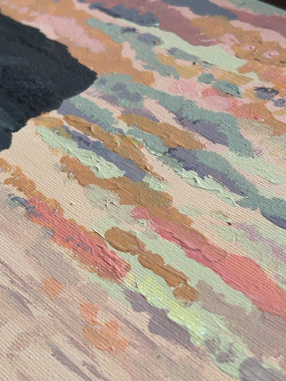 Image 1 of Impressionistisch zeegezicht schilderij – kleurrijke zonsopkomst boven zee | Facing West