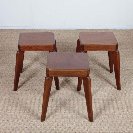 Image 1 of Set of 3 oak stools from the 1950s