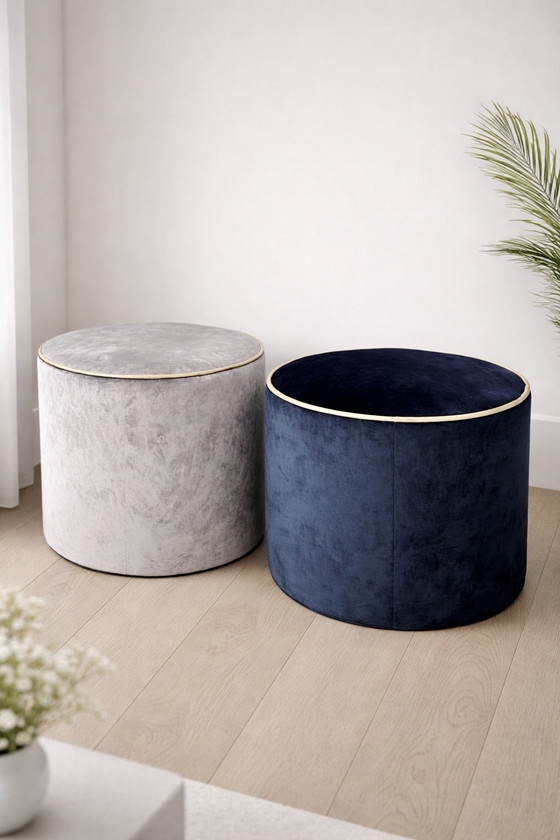 Image 1 of Modern Silver Designer Table Lamps & 2 Plush Round Poofs