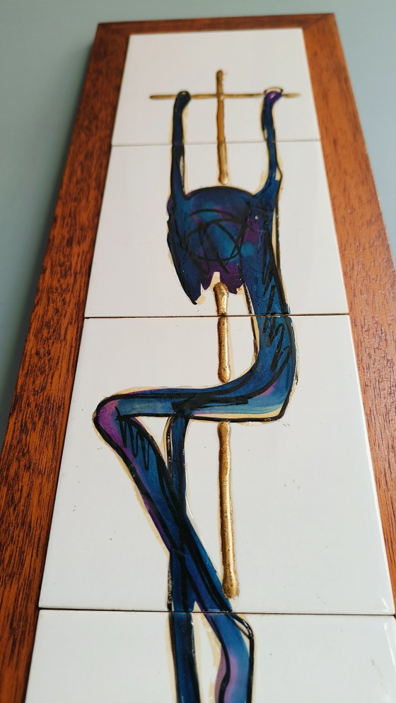 Image 1 of Old Modern Representation Impressionist Tile Tableau Christ on Cross Signed