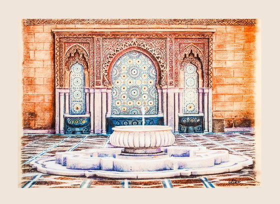 Image 1 of Drawing. Painting. Arabic font. Islamic art. Arabic art. Arabic architecture. Fountain. New.