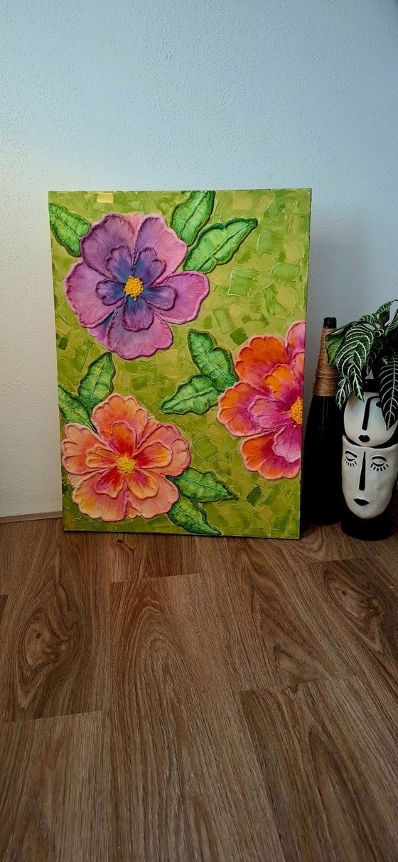 Image 1 of Handmade Texture Flower Painting – Colorful Modern Wall Decor