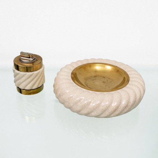 Set of lighter and ashtray in Ceramic Brass by Tommaso Barbi, Italy, 1960s