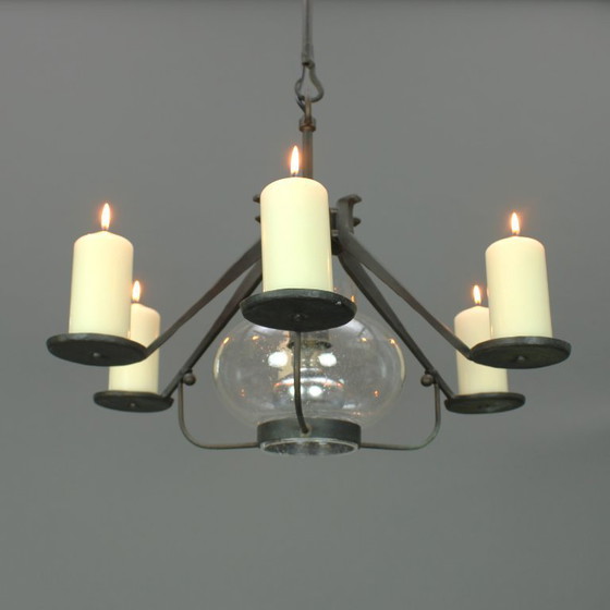 Image 1 of Manfred Bergmeister (1927-2019) - Brutalist handmade wrought bronze pendant lamp / six light candelabra