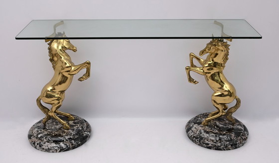 Image 1 of Tavolo da console italiano di metà secolo moderno con cavalli in ottone e basi in marmo, anni '70