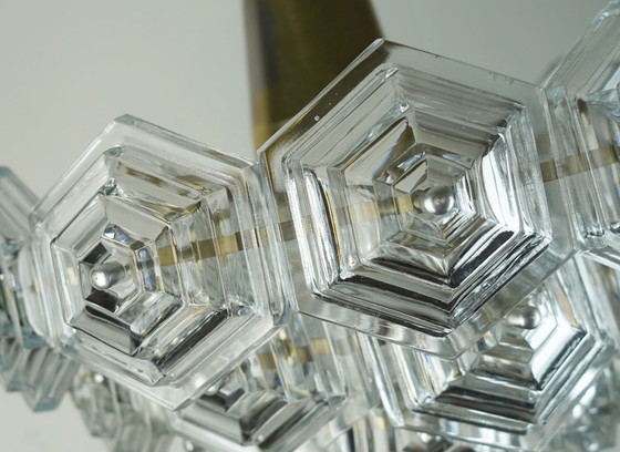 Image 1 of 3-tier mid century PENDANT LIGHT with 27 hexagonal glass panels 1960s 70s chandelier