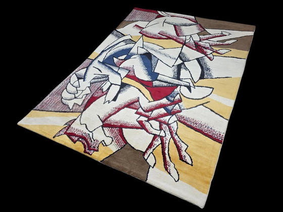Handgeknüpfter Woll-Seiden-Teppich – Roy Lichtenstein Pop-Art-Komposition „Roter Reiter“ (190 x 260 cm) (photo 8 of 9)