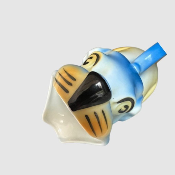 Image 1 of Brocca Art Déco blu-gialla a forma di cane – Brocca Mosa Maastricht – Vaso-Brocca in ceramica olandese degli anni '20