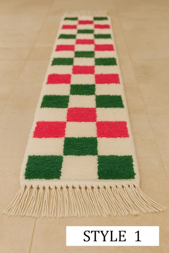 Image 1 of Christmas Moroccan Runner Rug – Red and Green Checkered Wool Hallway Runner, Handmade Berber Rug, Holiday Moroccan Decor, Cozy 