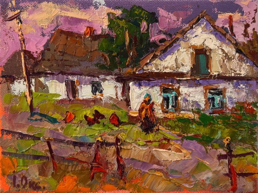 Dipinto ad olio originale, paesaggio rurale serale, tramonto rosa sul villaggio