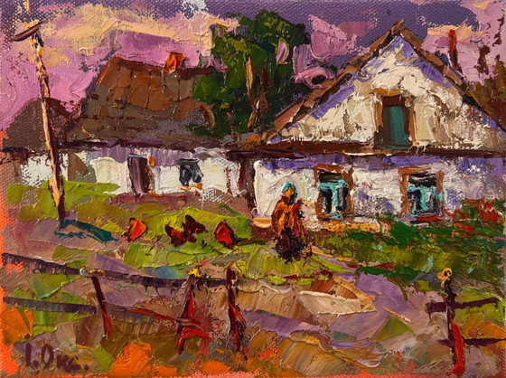 Image 1 of Original Oil Painting Rural Evening Landscape Pink Sunset Over The Village