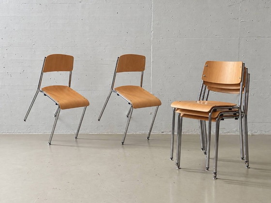 5 Stackable Chrome Steel Chairs, 1990s – Side chairs, Wood (photo 3 of 12)