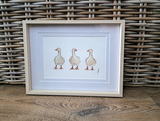 Watercolor painting Three Geese original | light brown wooden frame