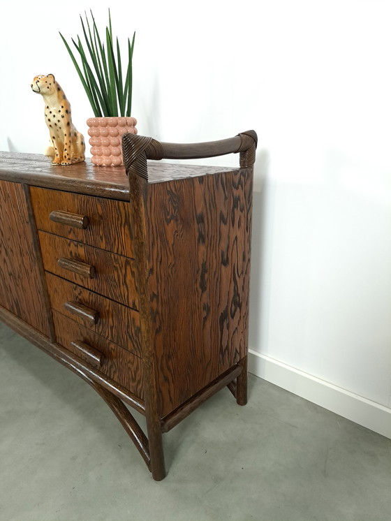 Image 1 of Wood With Bamboo Sideboard With Drawers Vintage