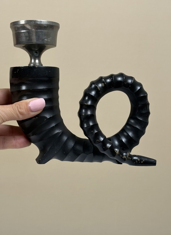 Image 1 of 2 x Vintage Chapman black chrome horn candlesticks bronze