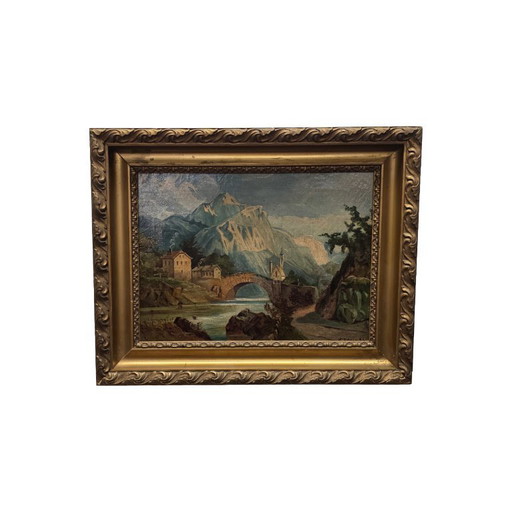 Antique oil painting with an Alpine village, late 19th century