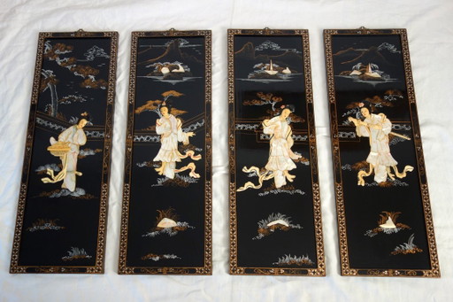 Vier Chinese panelen van gelakt hout en parelmoer, China, jaren 1960 – decoratieve objecten, Wood, Other (photo 2 of 17)