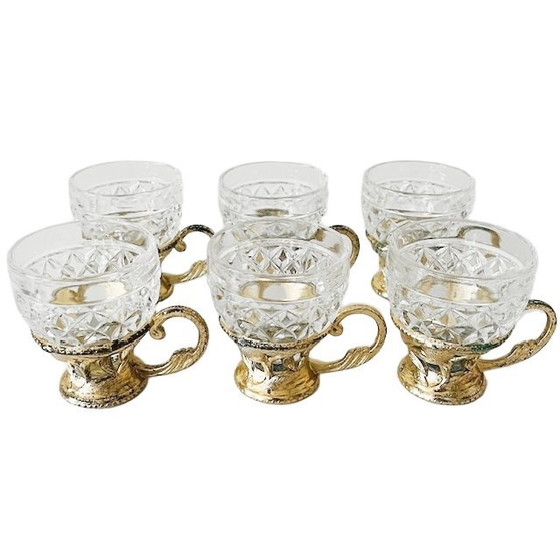 Image 1 of Vintage set of glass coffee cups in gold plastic holder 1970s