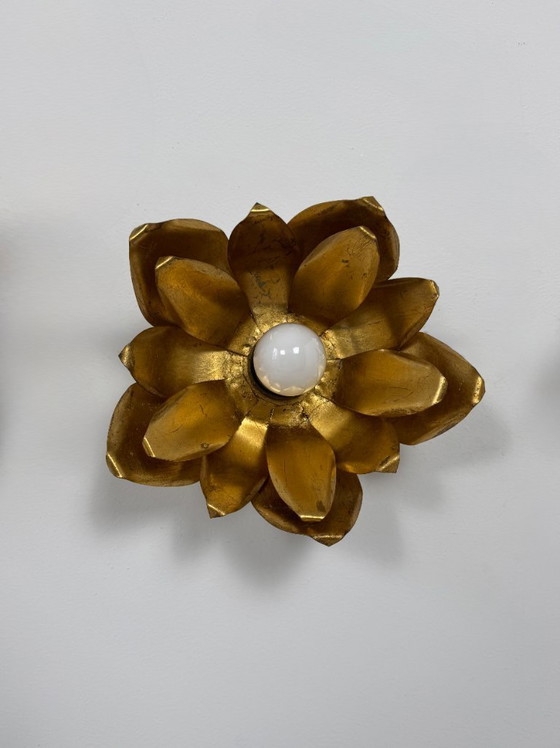 Image 1 of Set di 3 applique da parete vintage a forma di fiore, metallo dorato, Francia, 1970