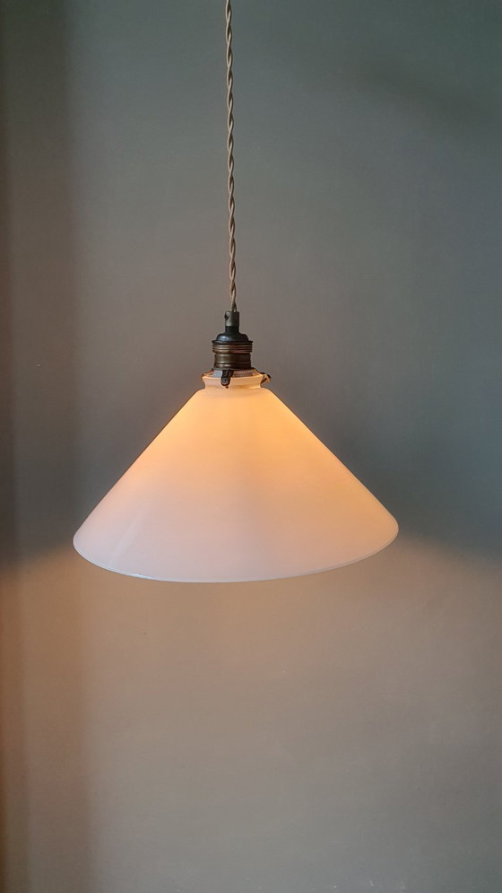 Image 1 of Set (2) Vintage pendant lamps in opaline / milk glass - banker's lamp or shoemaker's lamp