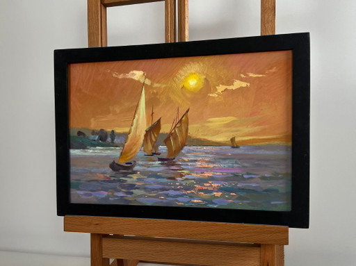 Original Oil Painting Sunset Sea Landscape Romantic evening swim