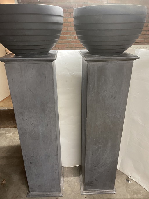 Two Zinc Columns With Pots