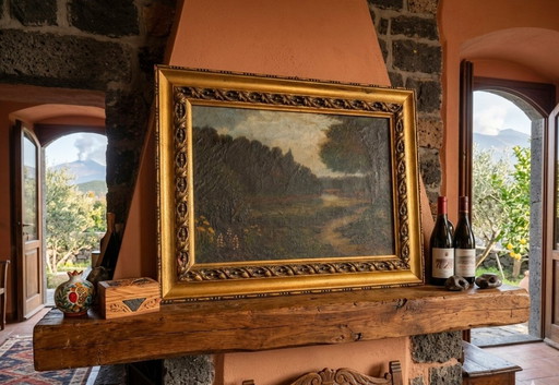 Antique oil painting on panel, landscape, 19th century