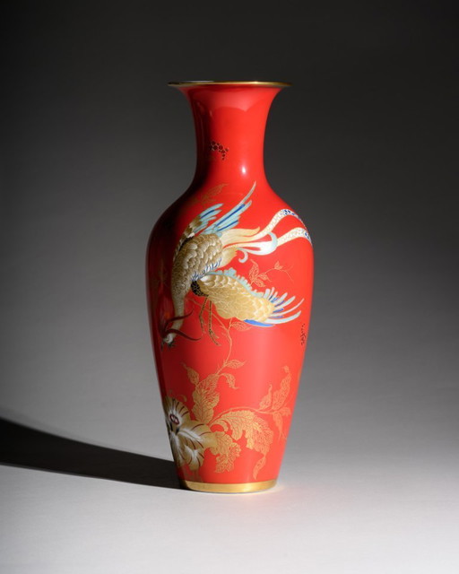 Rosenthal Porcelain Floor Vase Chinoiserie Phoenix Decor Red & Gold Germany 1938