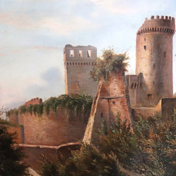 Image 1 of Paisaje con castillo, óleo sobre lienzo, firmado M.G., Italia, siglo XVIII.