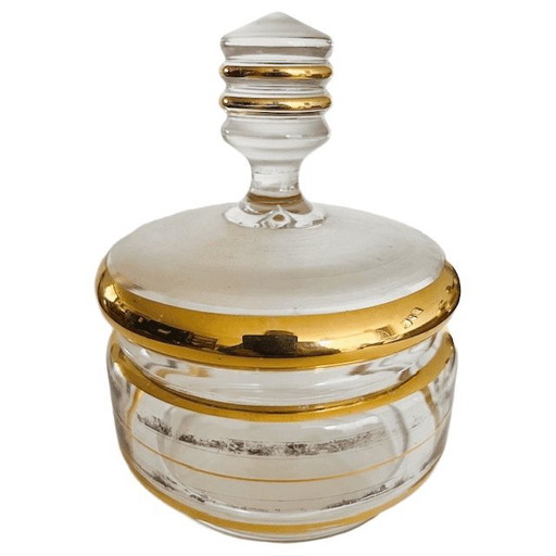 Caja de joyería Art Deco polvera de cristal transparente dorado años 50