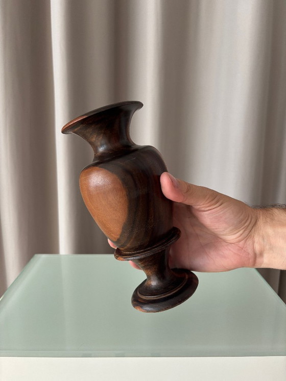 Vintage Sculptural Turned Wood Vase – Dark Hardwood – 20 cm – Artisan (photo 7 of 11)
